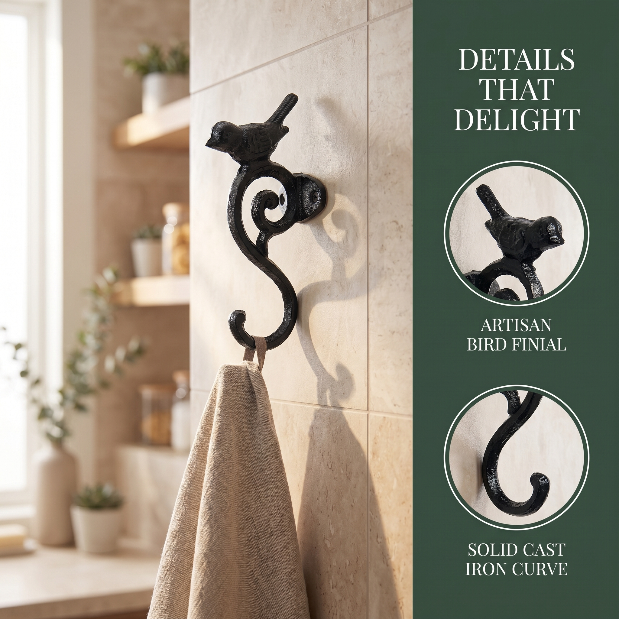Rustic Cast Iron Bird Wall Hook Hanger