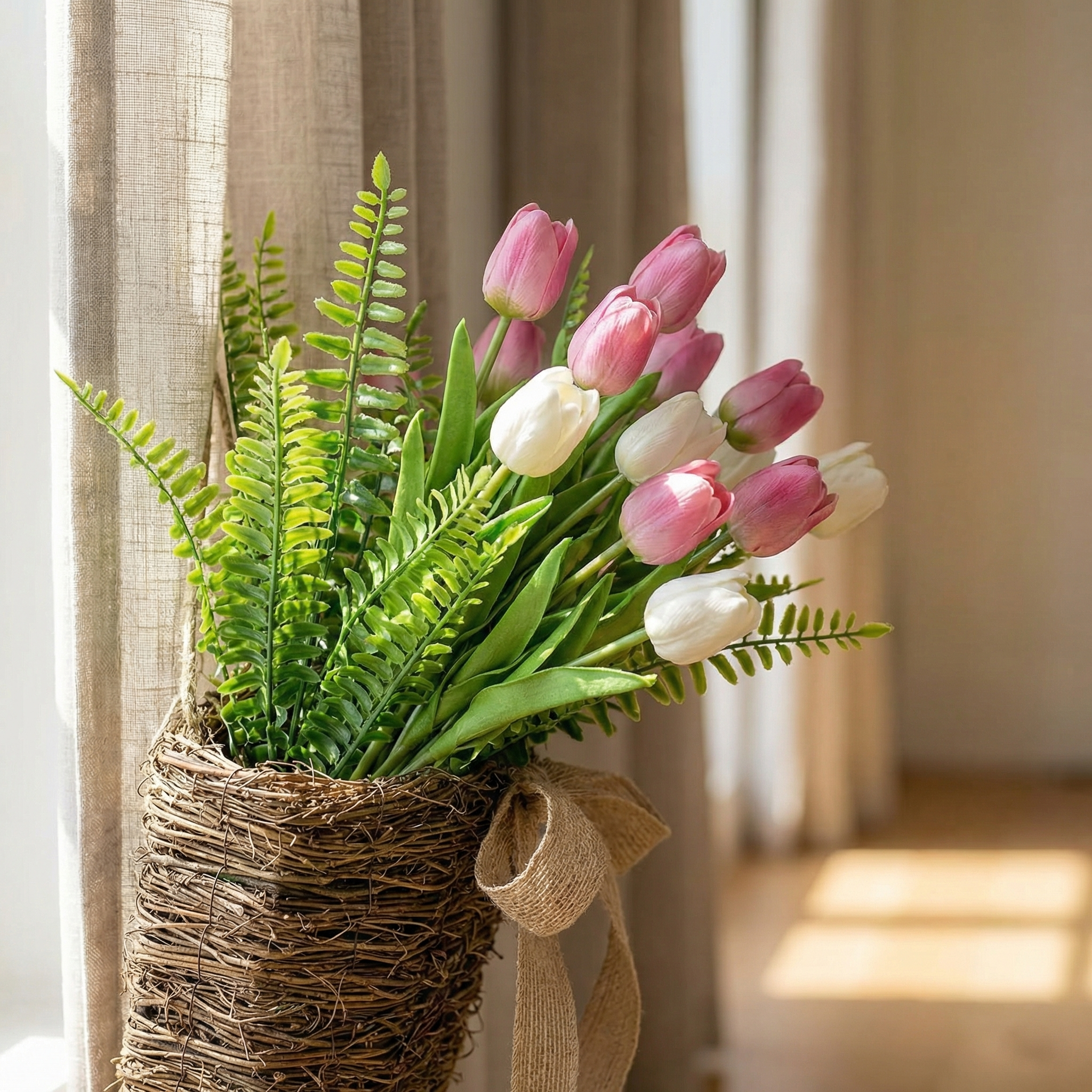 Spring Faux Tulip Hanging Basket for Front Door, Porch & Entryway Decor