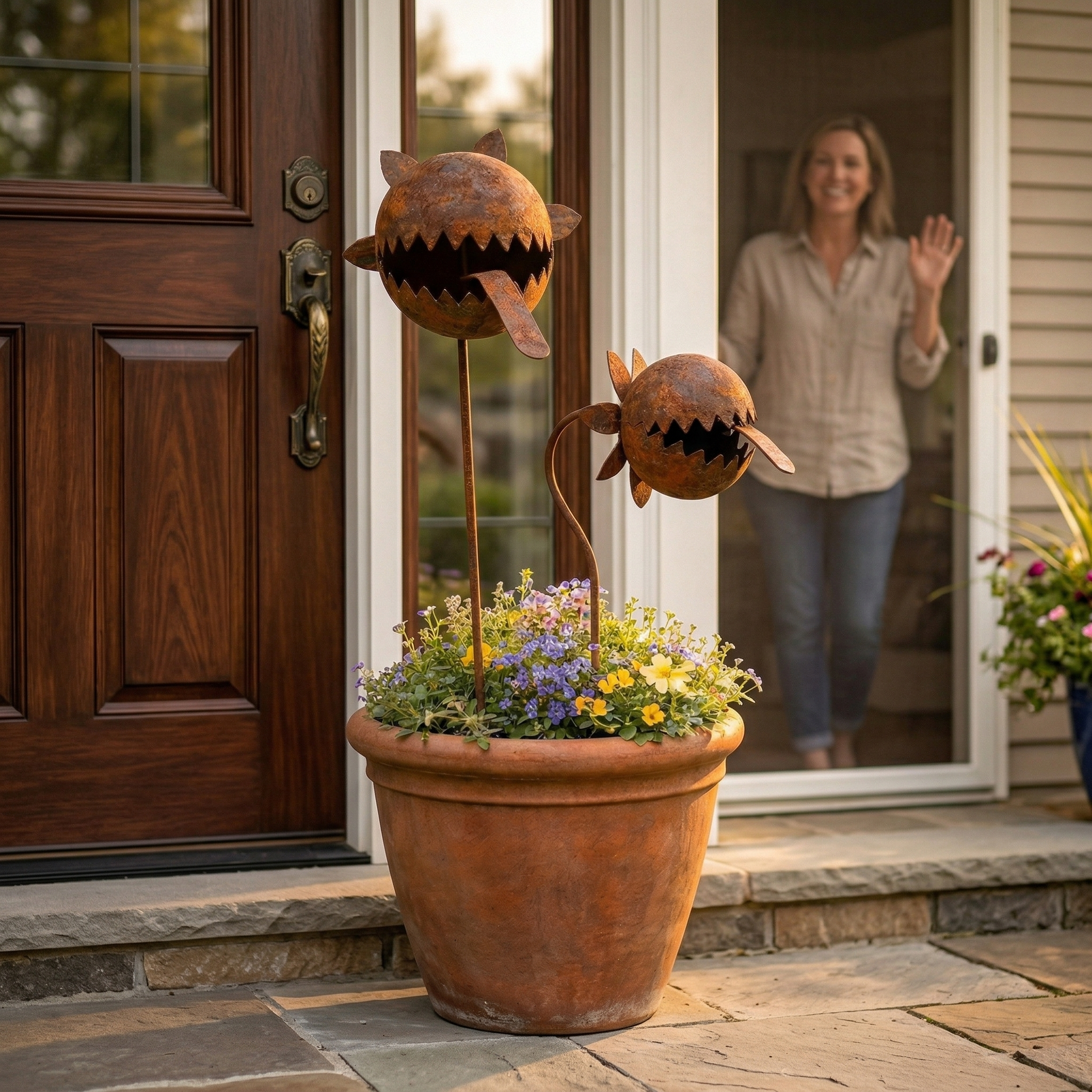 Rustic Metal Piranha Plant Garden Stake Set – Whimsical Outdoor Garden Décor