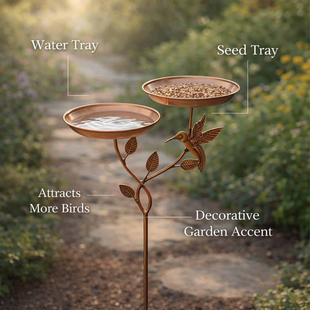 Copper Bird Bath & Feeder Stake with Hummingbird Design