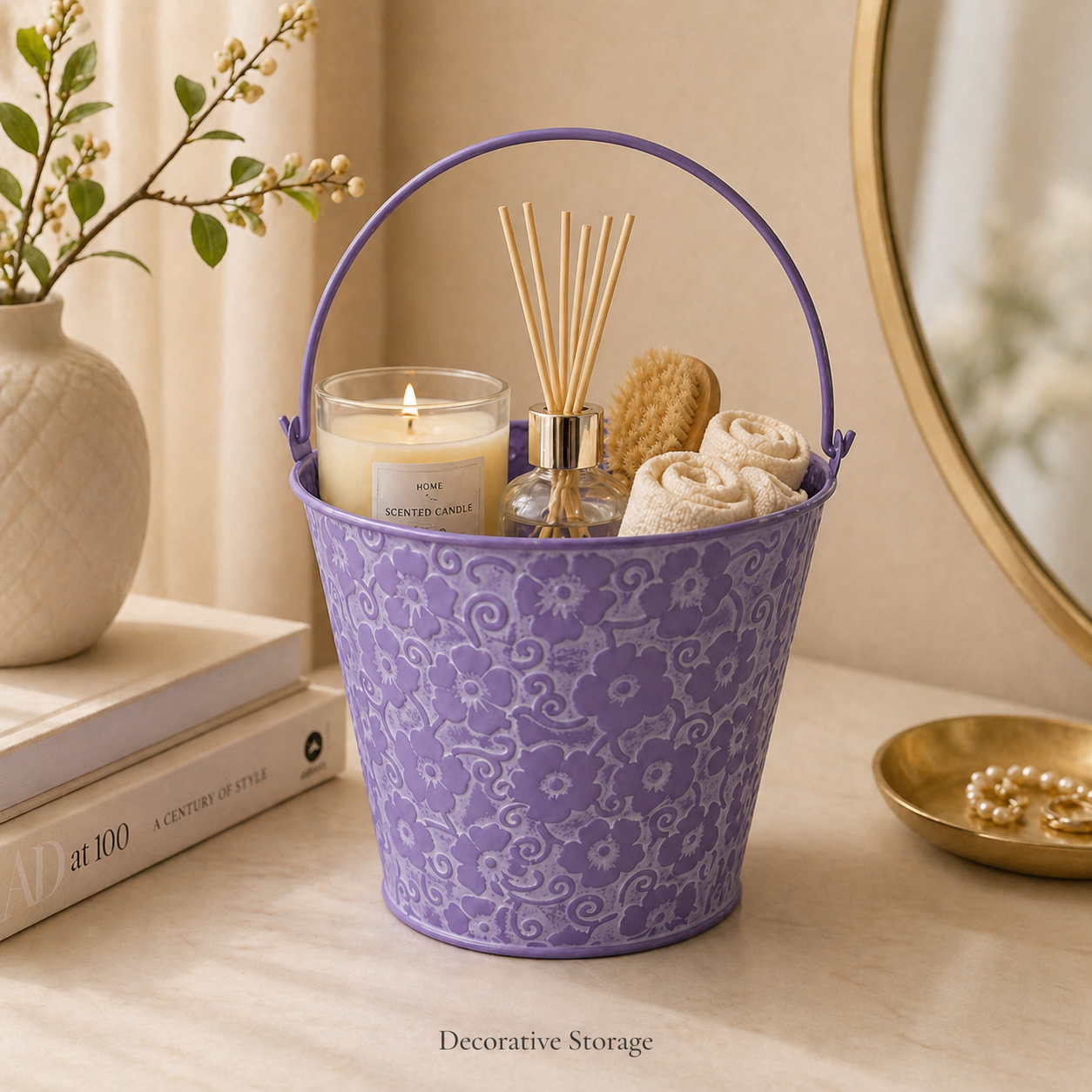 Vintage Floral Embossed Metal Bucket Planter