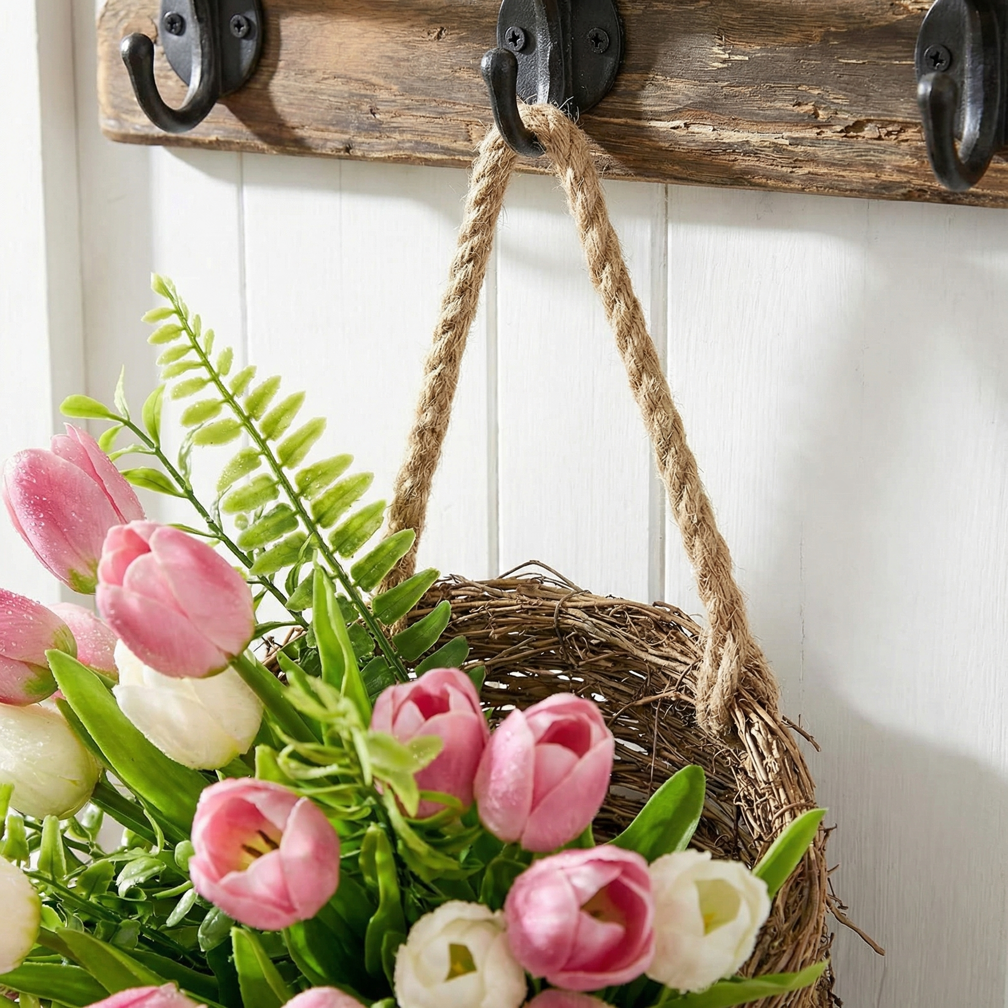 Spring Faux Tulip Hanging Basket for Front Door, Porch & Entryway Decor