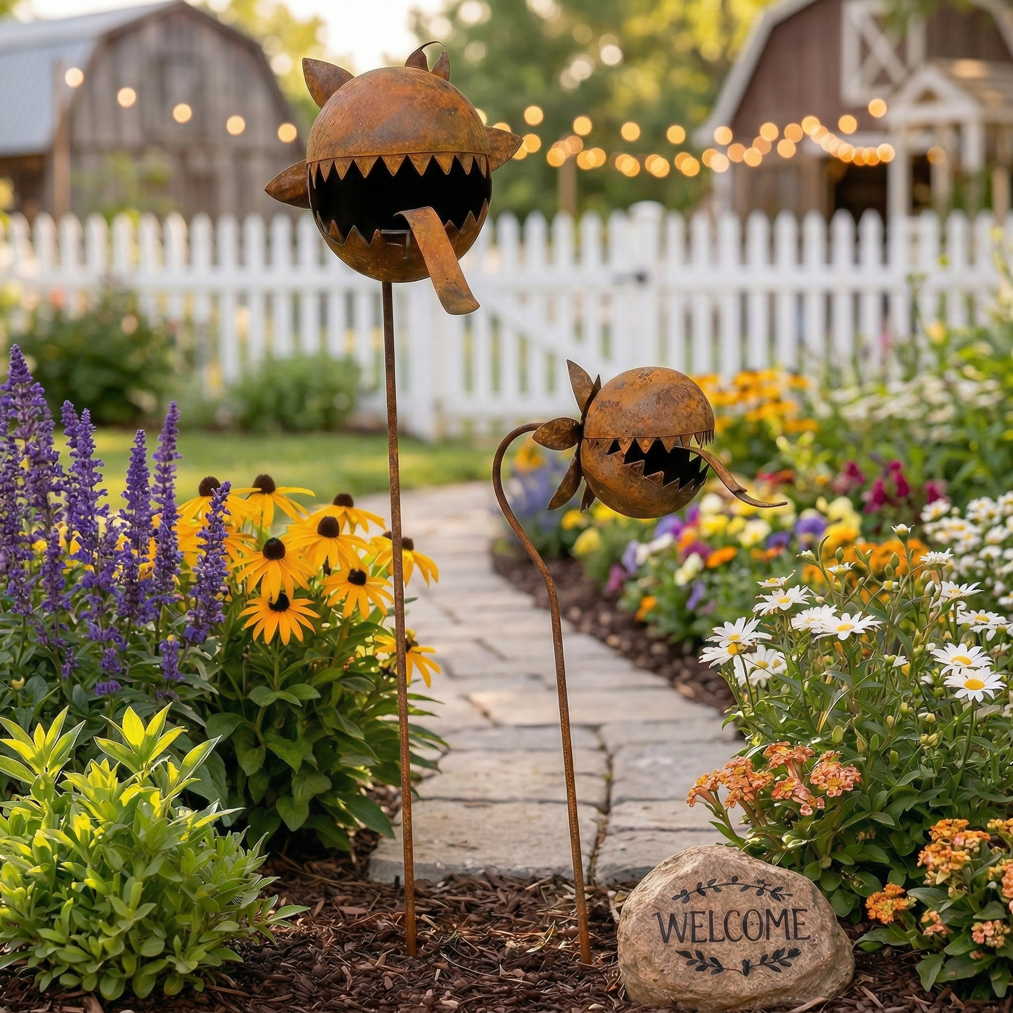 Rustic Metal Piranha Plant Garden Stake Set – Whimsical Outdoor Garden Décor