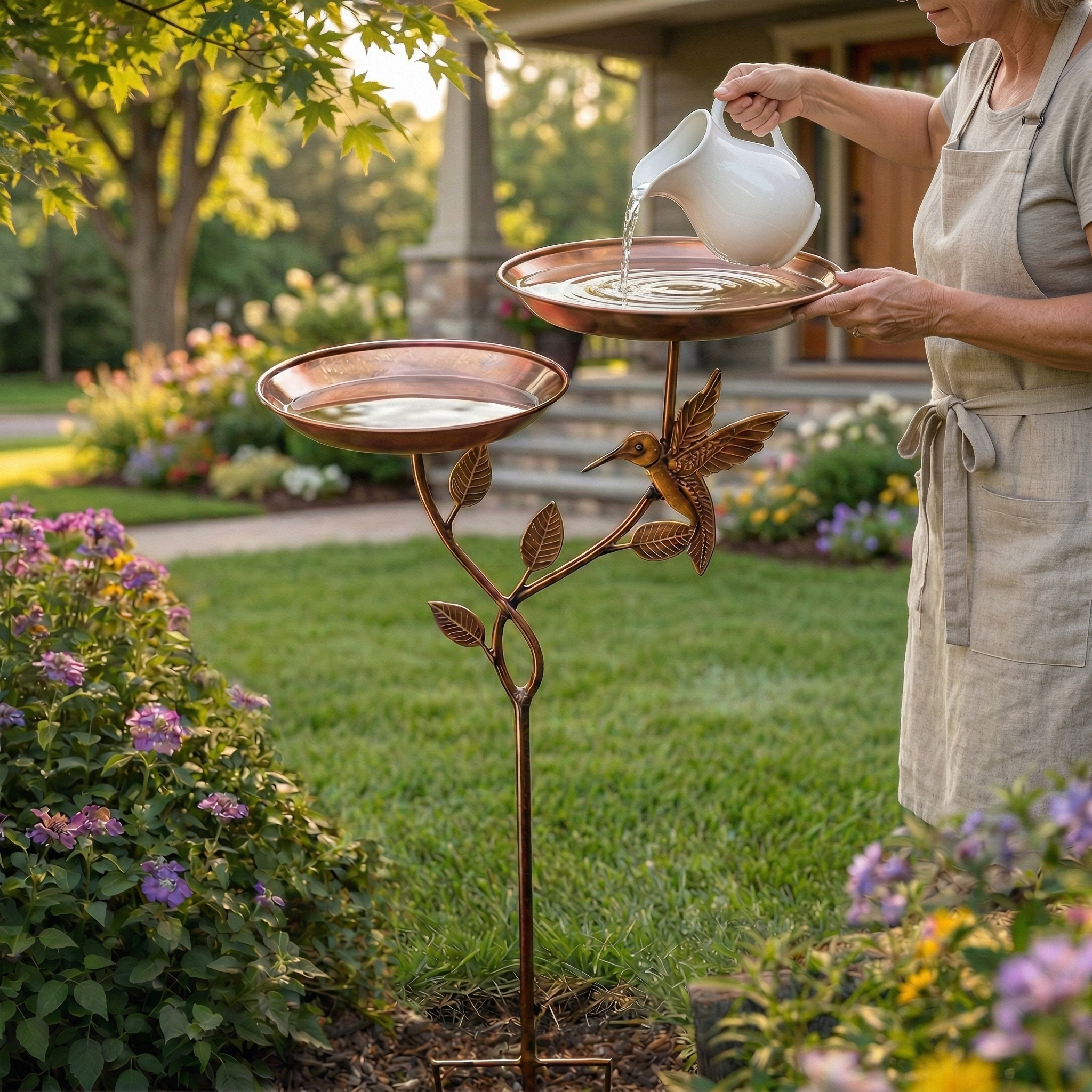 Copper Bird Bath & Feeder Stake with Hummingbird Design
