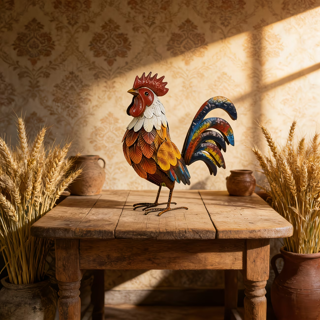 Colourful Rustic Iron Rooster | Farmhouse Garden Sculpture & Outdoor Ornament