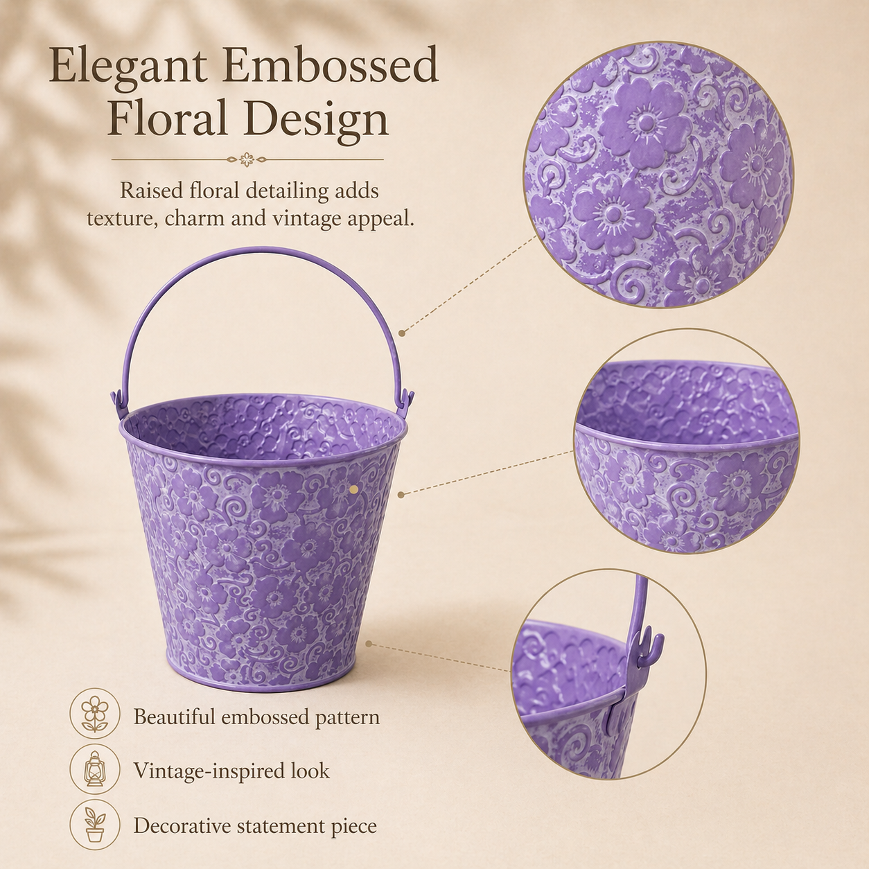 Vintage Floral Embossed Metal Bucket Planter