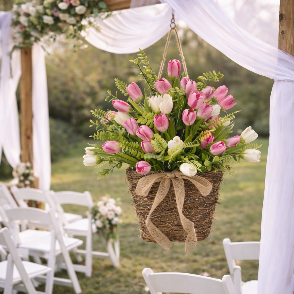Spring Faux Tulip Hanging Basket for Front Door, Porch & Entryway Decor
