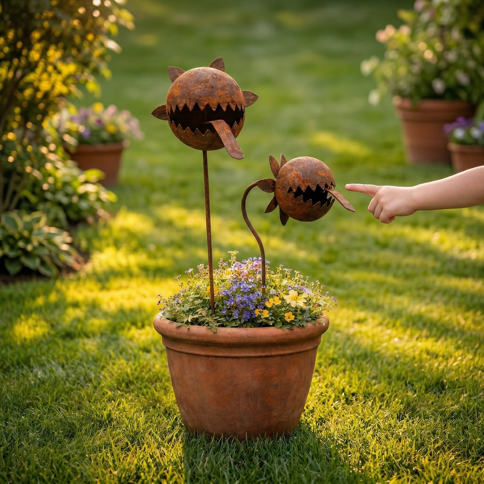 Rustic Metal Piranha Plant Garden Stake Set – Whimsical Outdoor Garden Décor