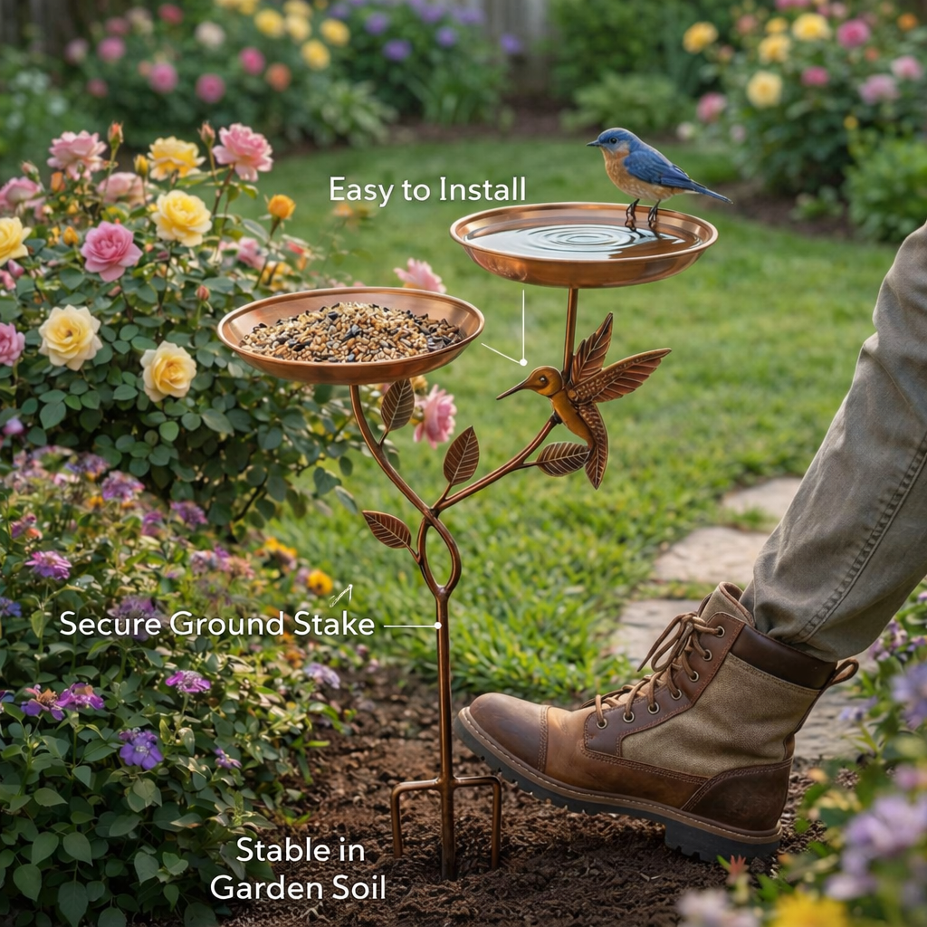 Copper Bird Bath & Feeder Stake with Hummingbird Design