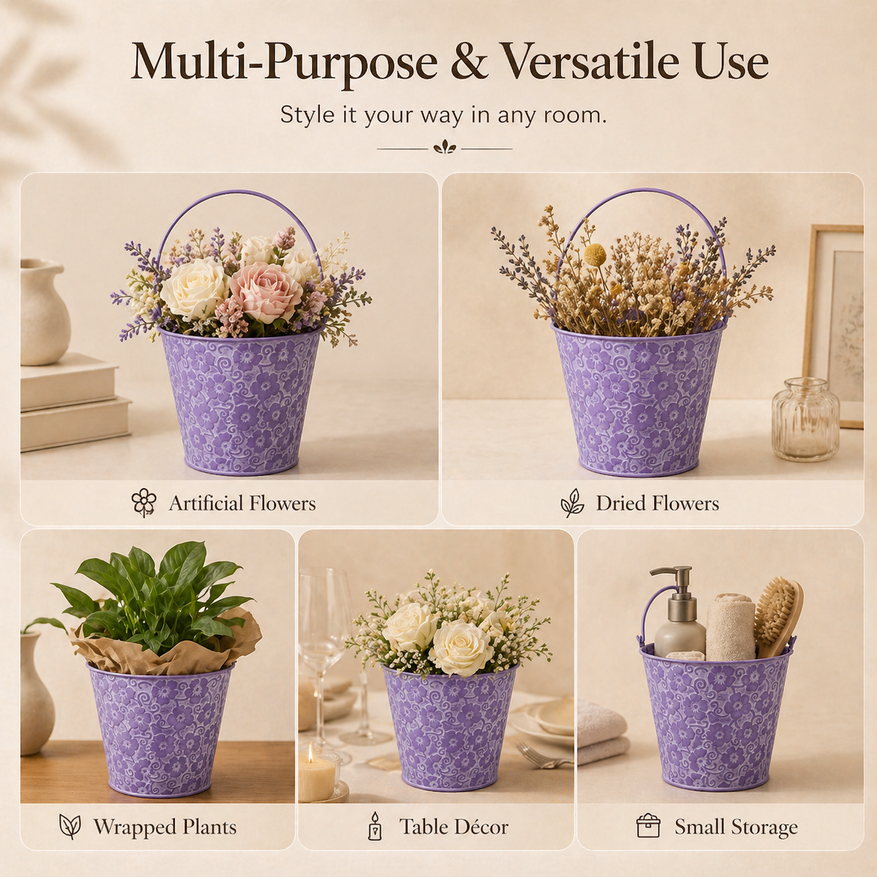 Vintage Floral Embossed Metal Bucket Planter