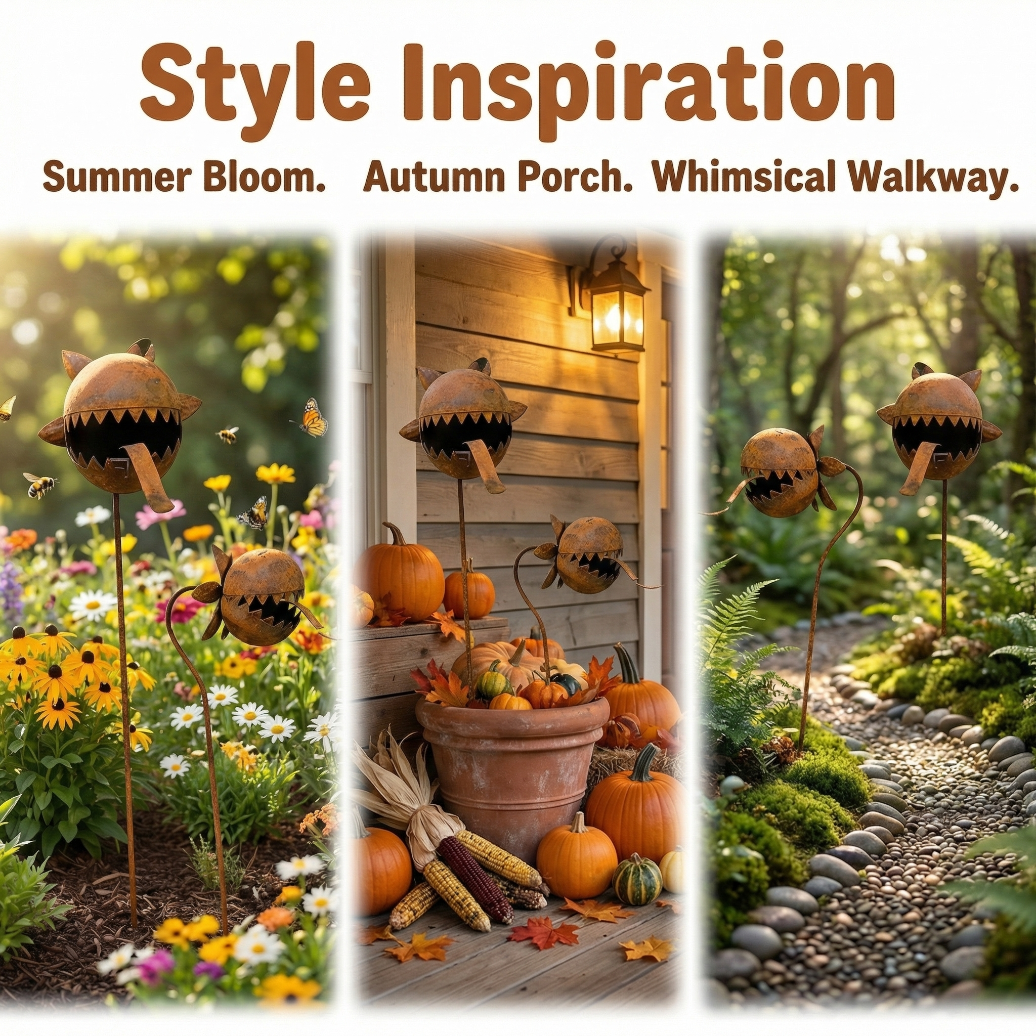 Rustic Metal Piranha Plant Garden Stake Set – Whimsical Outdoor Garden Décor