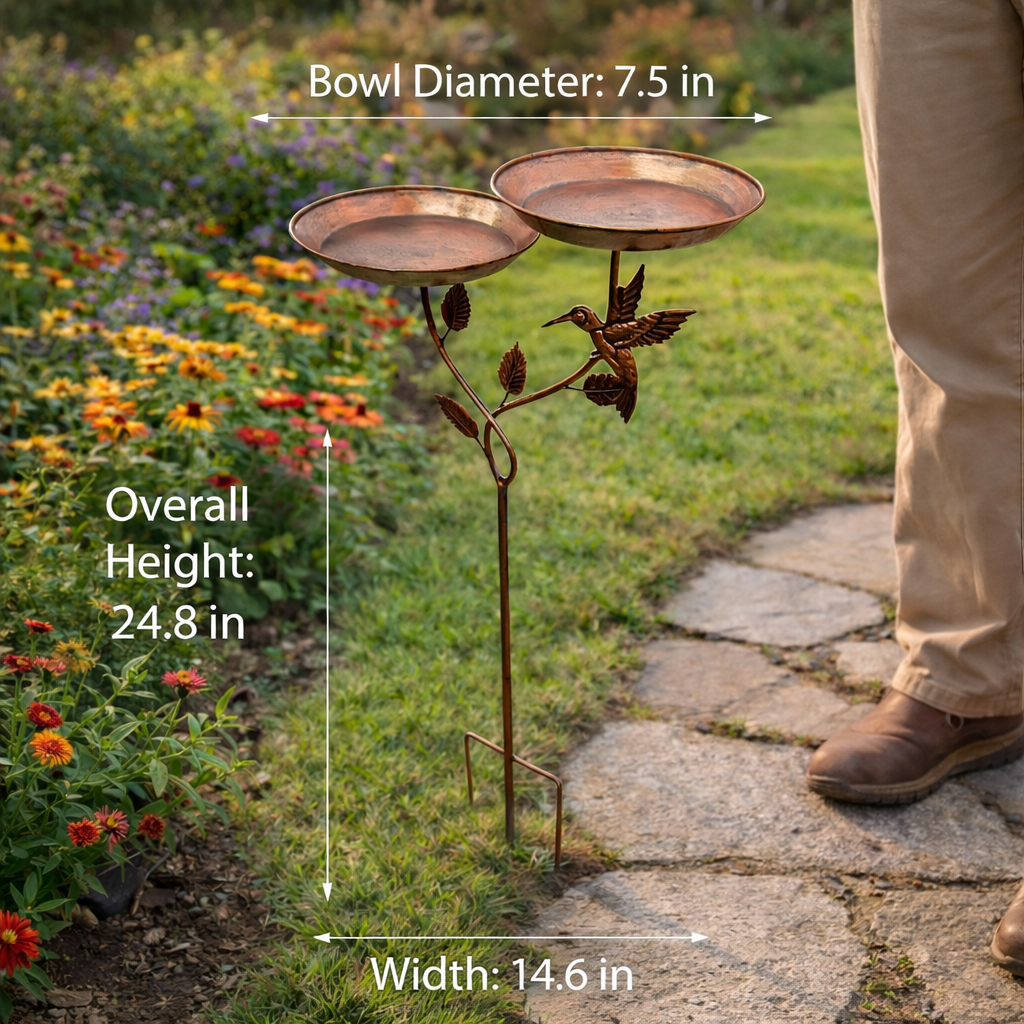 Copper Bird Bath & Feeder Stake with Hummingbird Design
