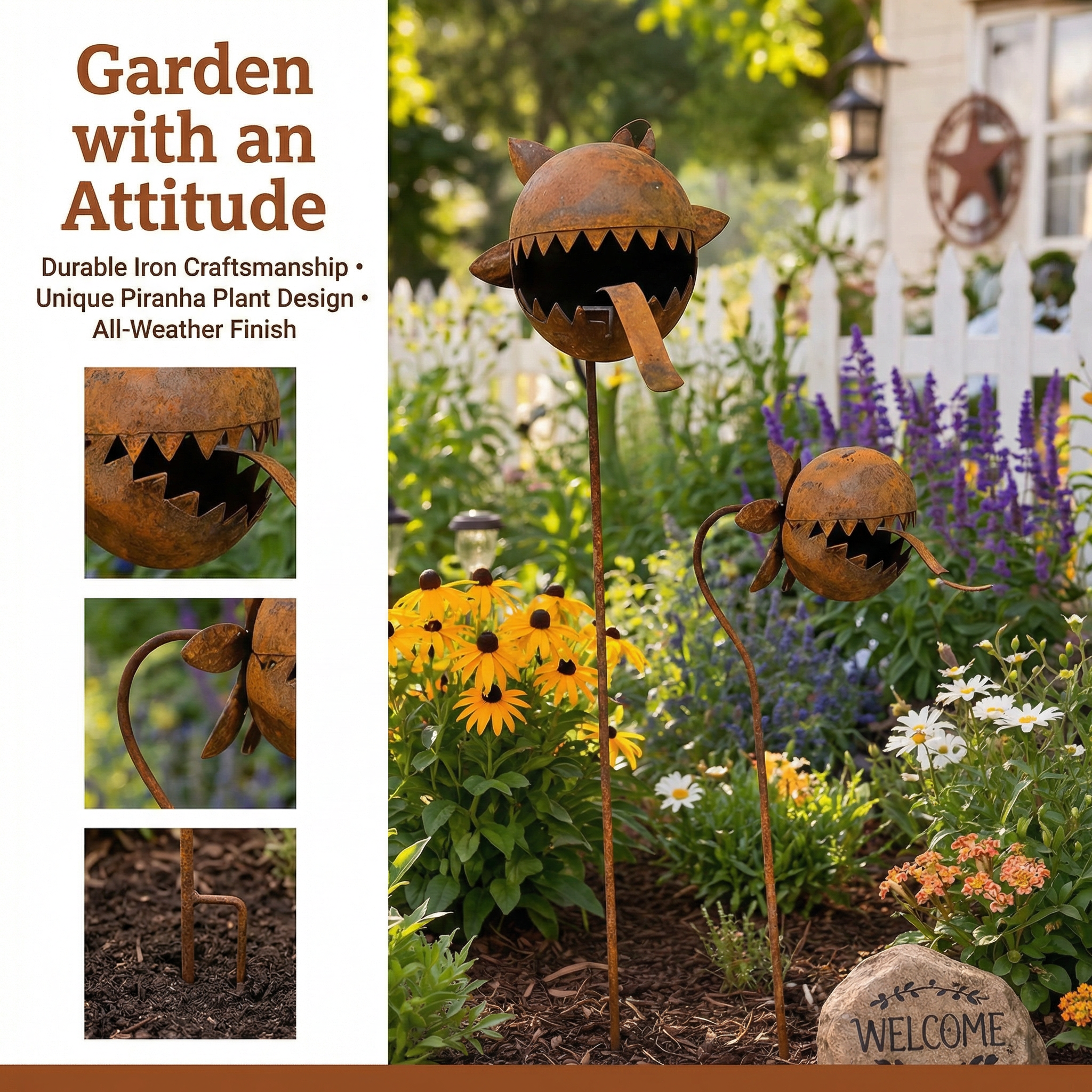 Rustic Metal Piranha Plant Garden Stake Set – Whimsical Outdoor Garden Décor