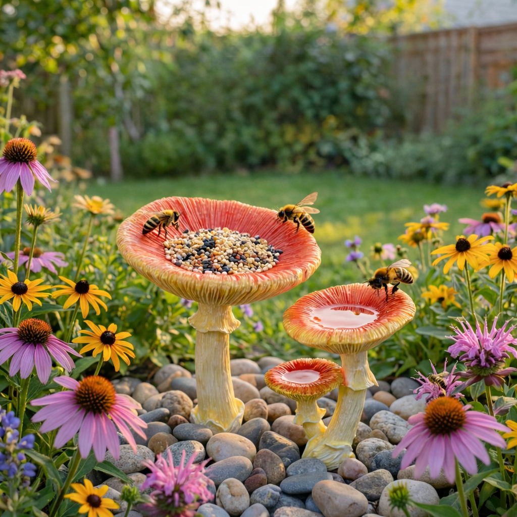 Whimsical Mushroom Bird Feeder for Garden Décor