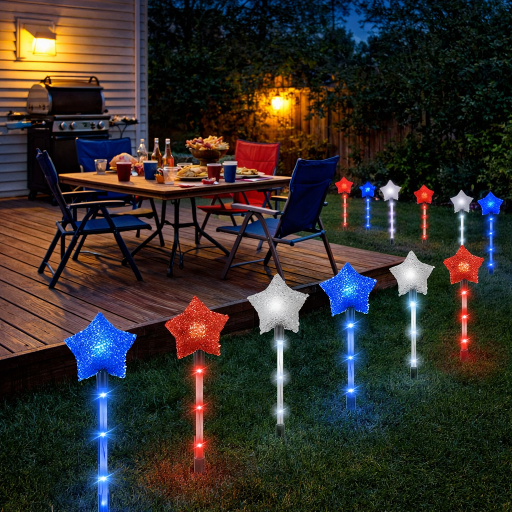 Solar Patriotic Star Stake Lights for Yard & Garden, Set of 9