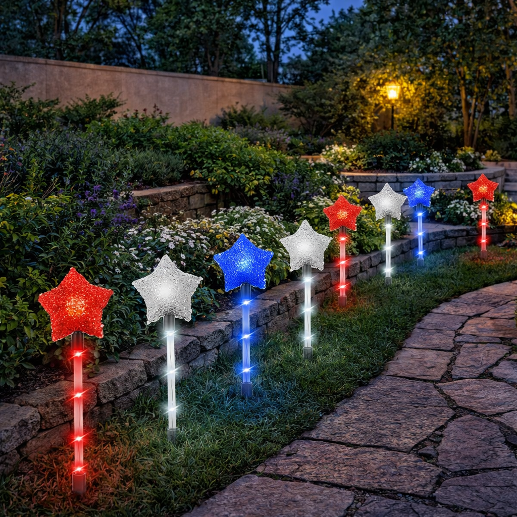 Solar Patriotic Star Stake Lights for Yard & Garden, Set of 9