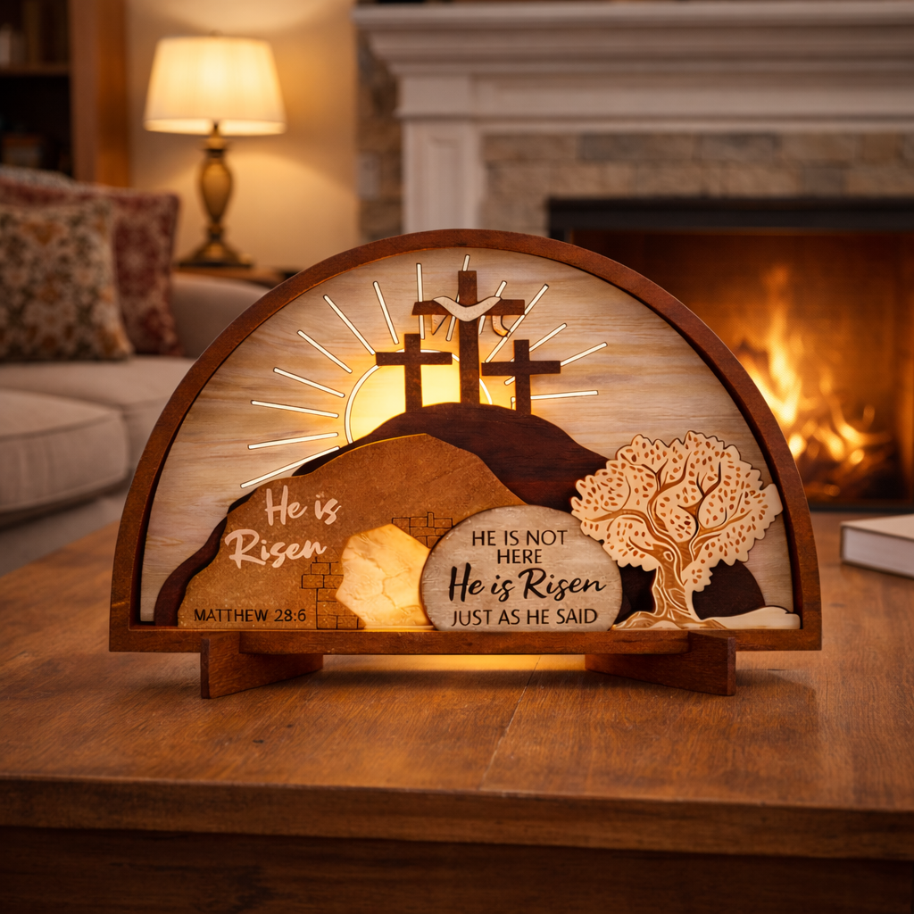 He Is Risen Wooden Resurrection Lamp