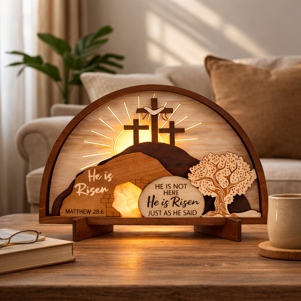 He Is Risen Wooden Resurrection Lamp