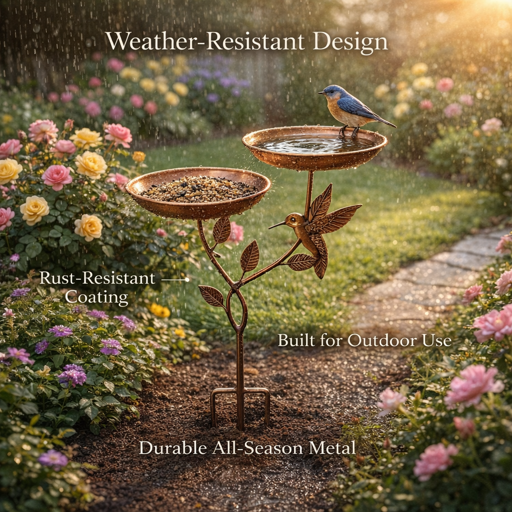 Copper Bird Bath & Feeder Stake with Hummingbird Design