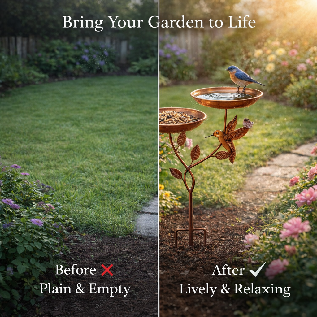 Copper Bird Bath & Feeder Stake with Hummingbird Design