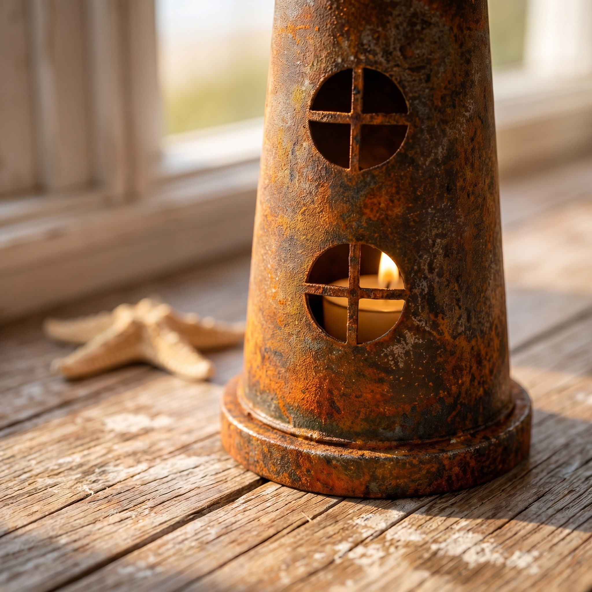 The Shoreline Beacon: Vintage Rusted Iron Lighthouse Candle Holder
