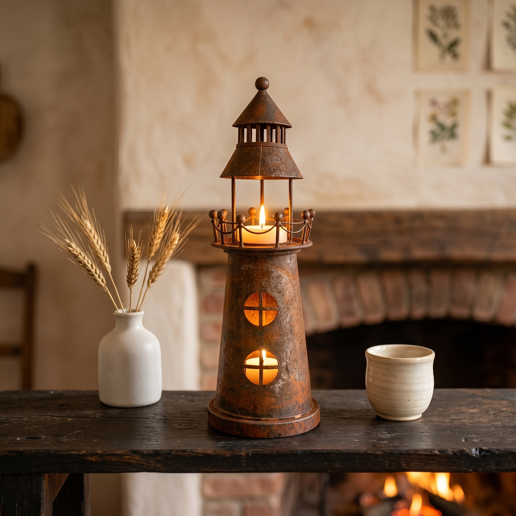 The Shoreline Beacon: Vintage Rusted Iron Lighthouse Candle Holder