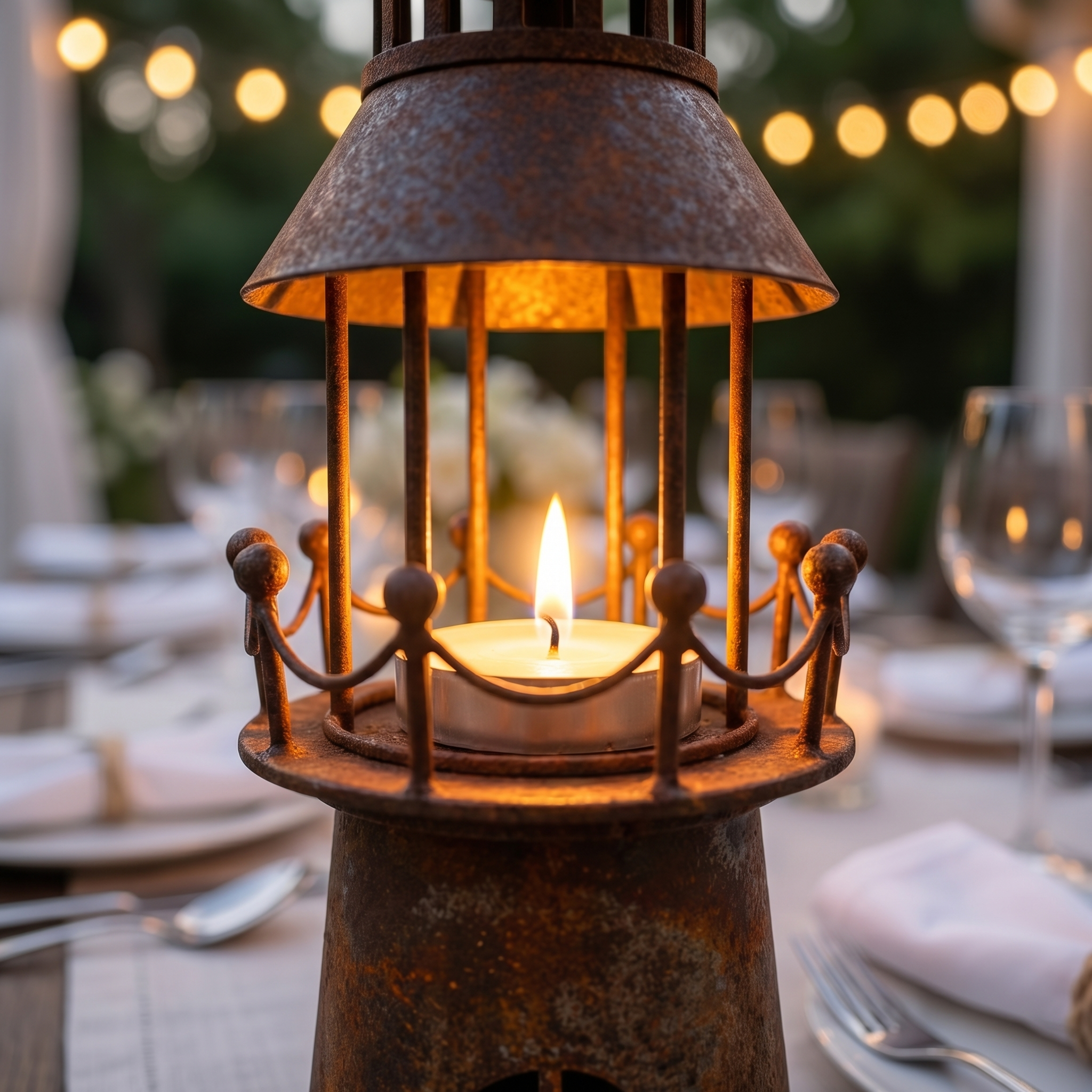 The Shoreline Beacon: Vintage Rusted Iron Lighthouse Candle Holder