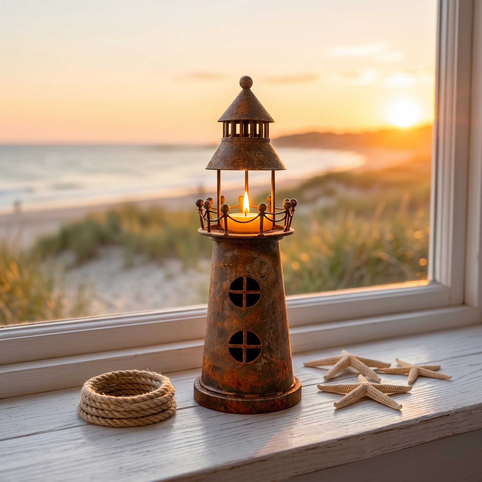 The Shoreline Beacon: Vintage Rusted Iron Lighthouse Candle Holder