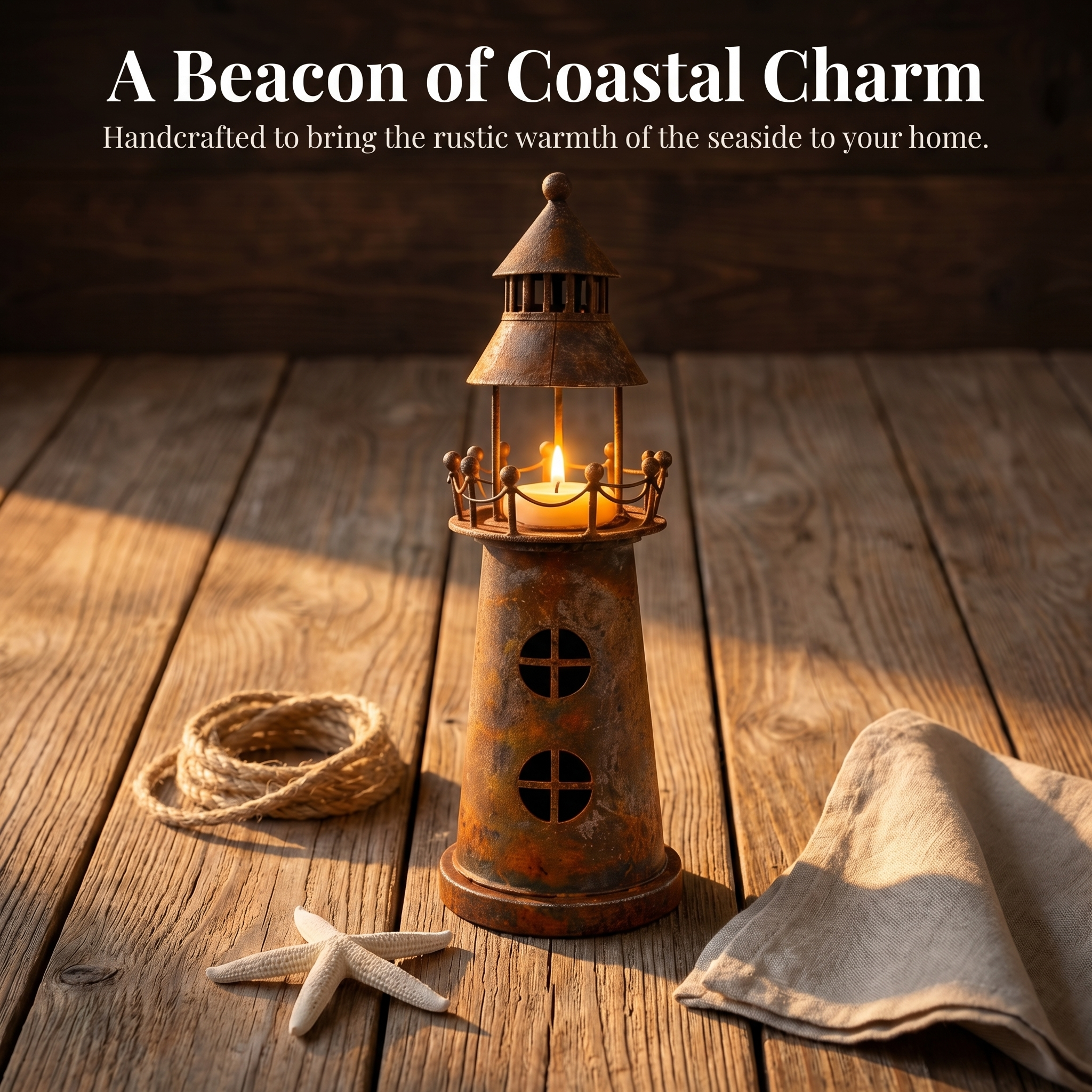 The Shoreline Beacon: Vintage Rusted Iron Lighthouse Candle Holder
