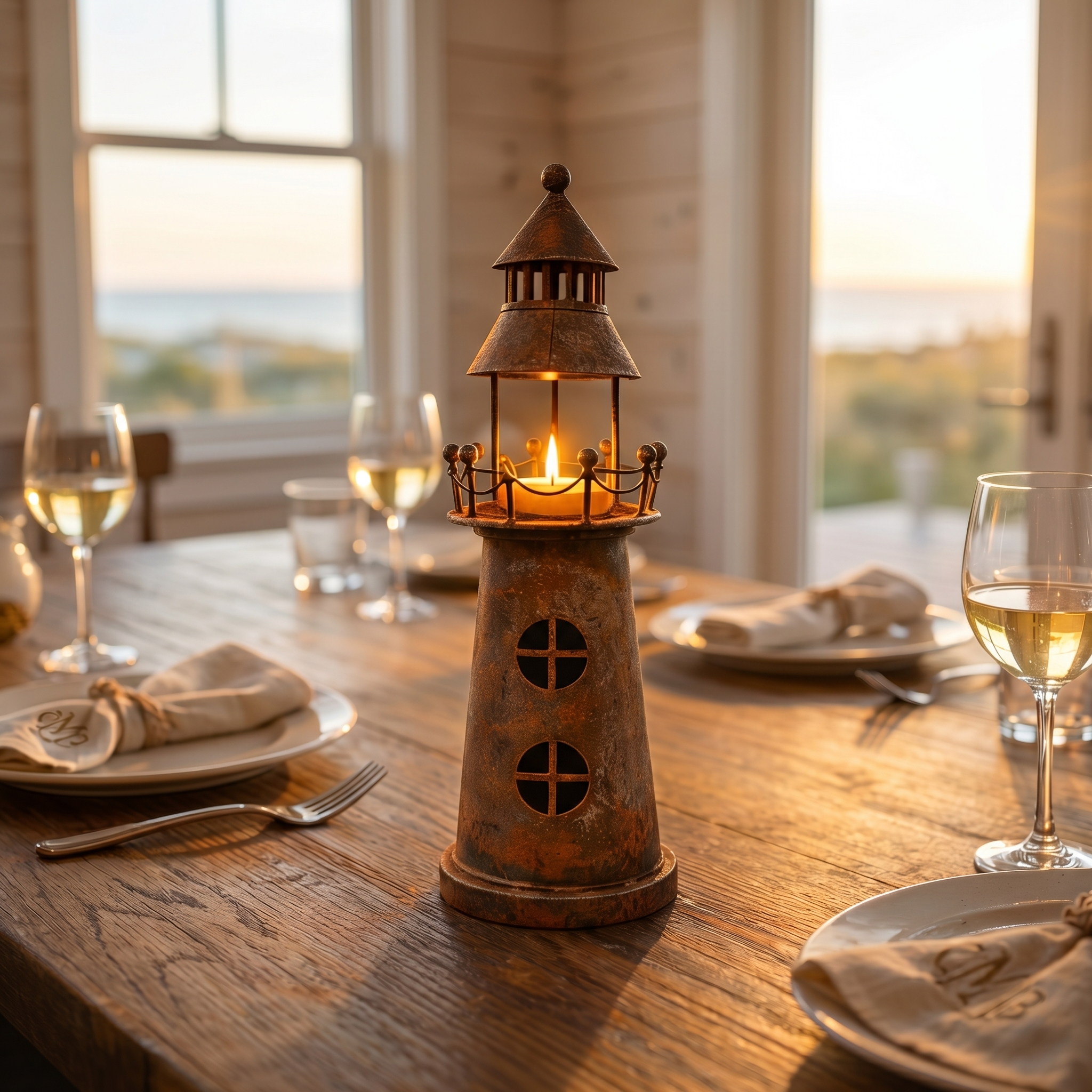 The Shoreline Beacon: Vintage Rusted Iron Lighthouse Candle Holder
