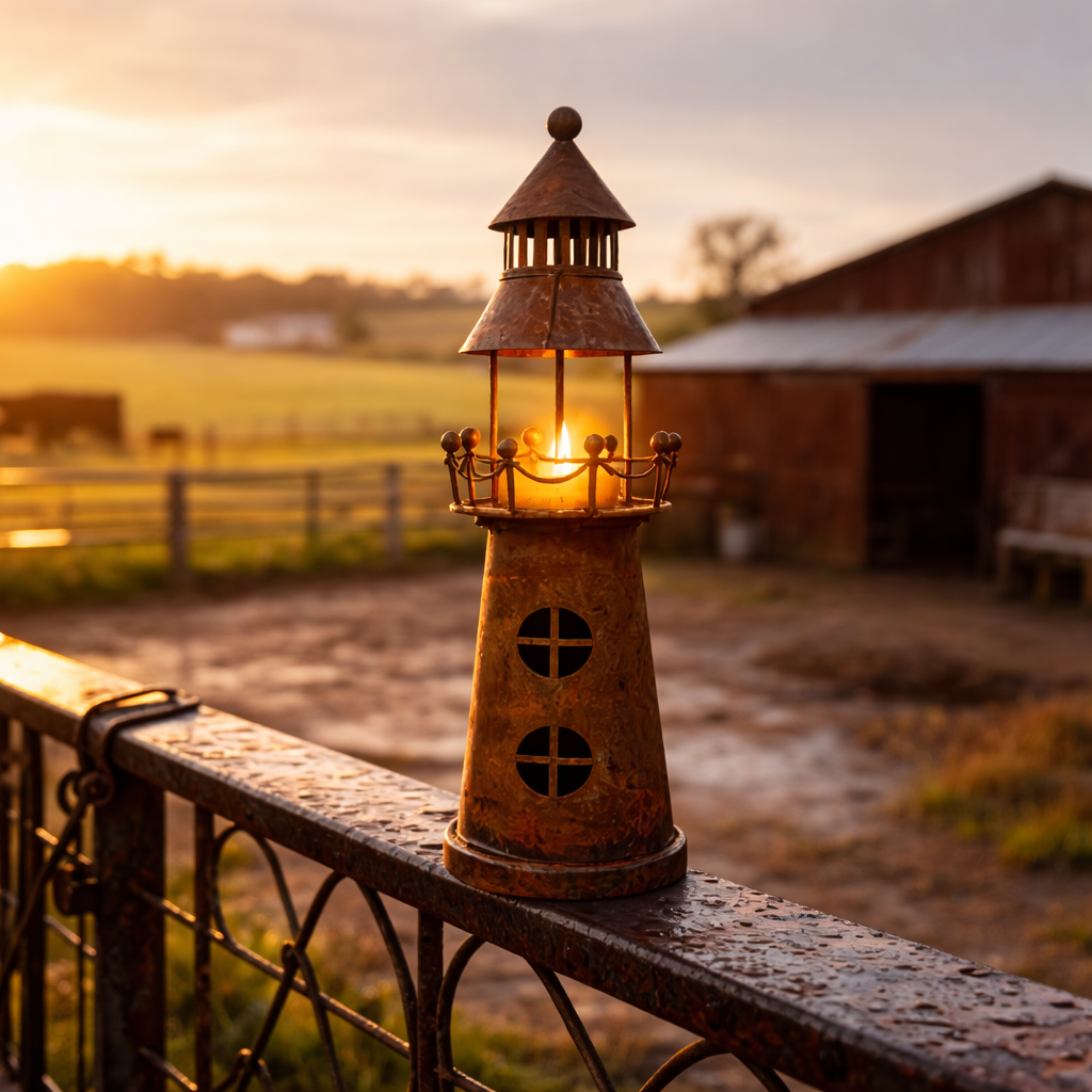 The Shoreline Beacon: Vintage Rusted Iron Lighthouse Candle Holder