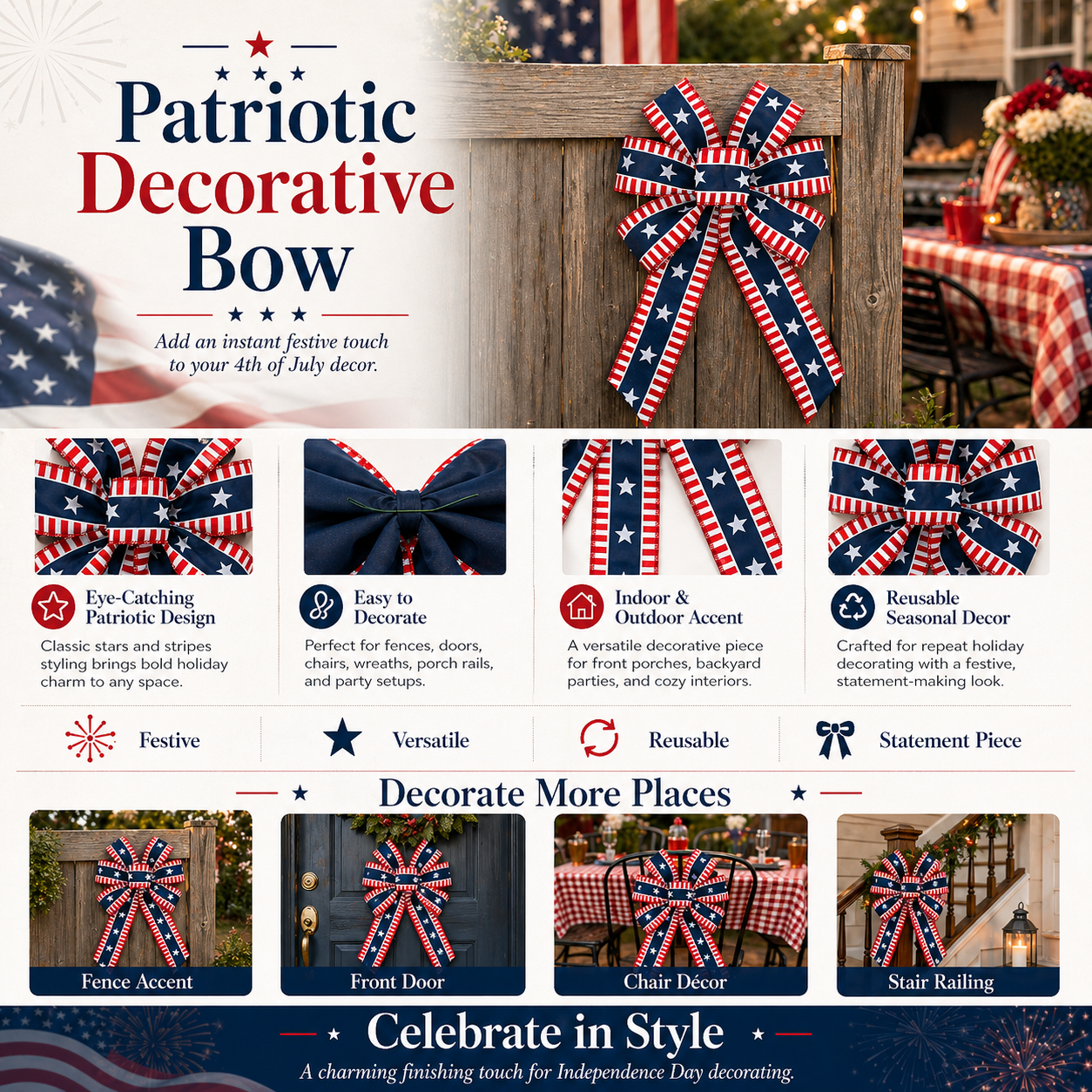 4th of July Patriotic Stars & Stripes Decorative Bow