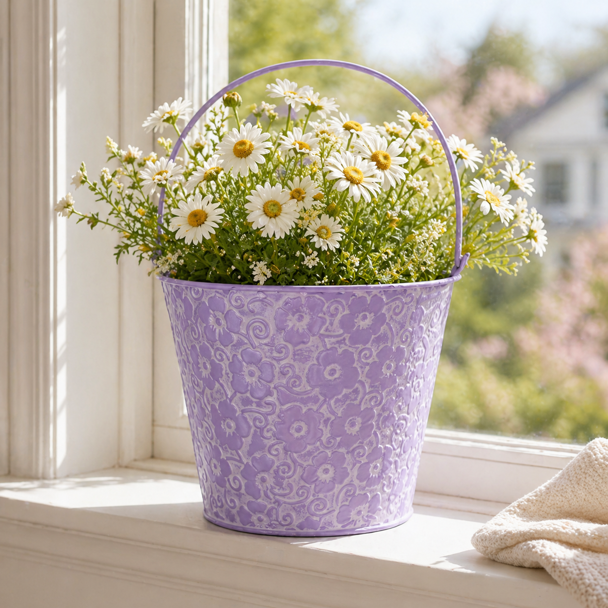 Vintage Floral Embossed Metal Bucket Planter