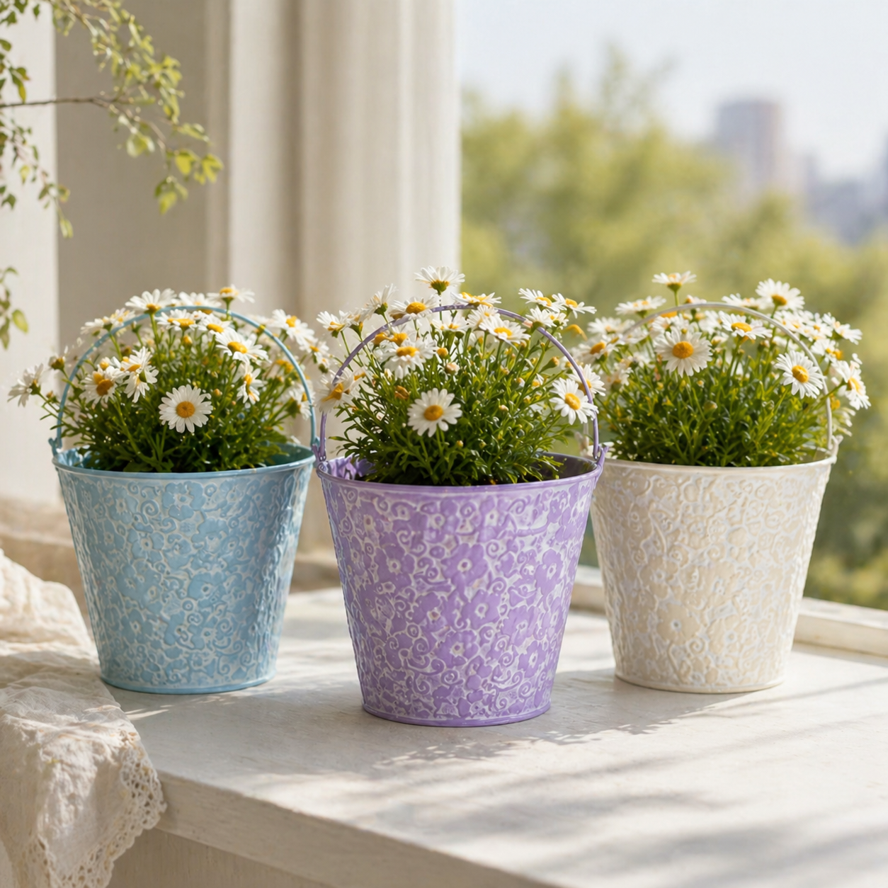 Vintage Floral Embossed Metal Bucket Planter