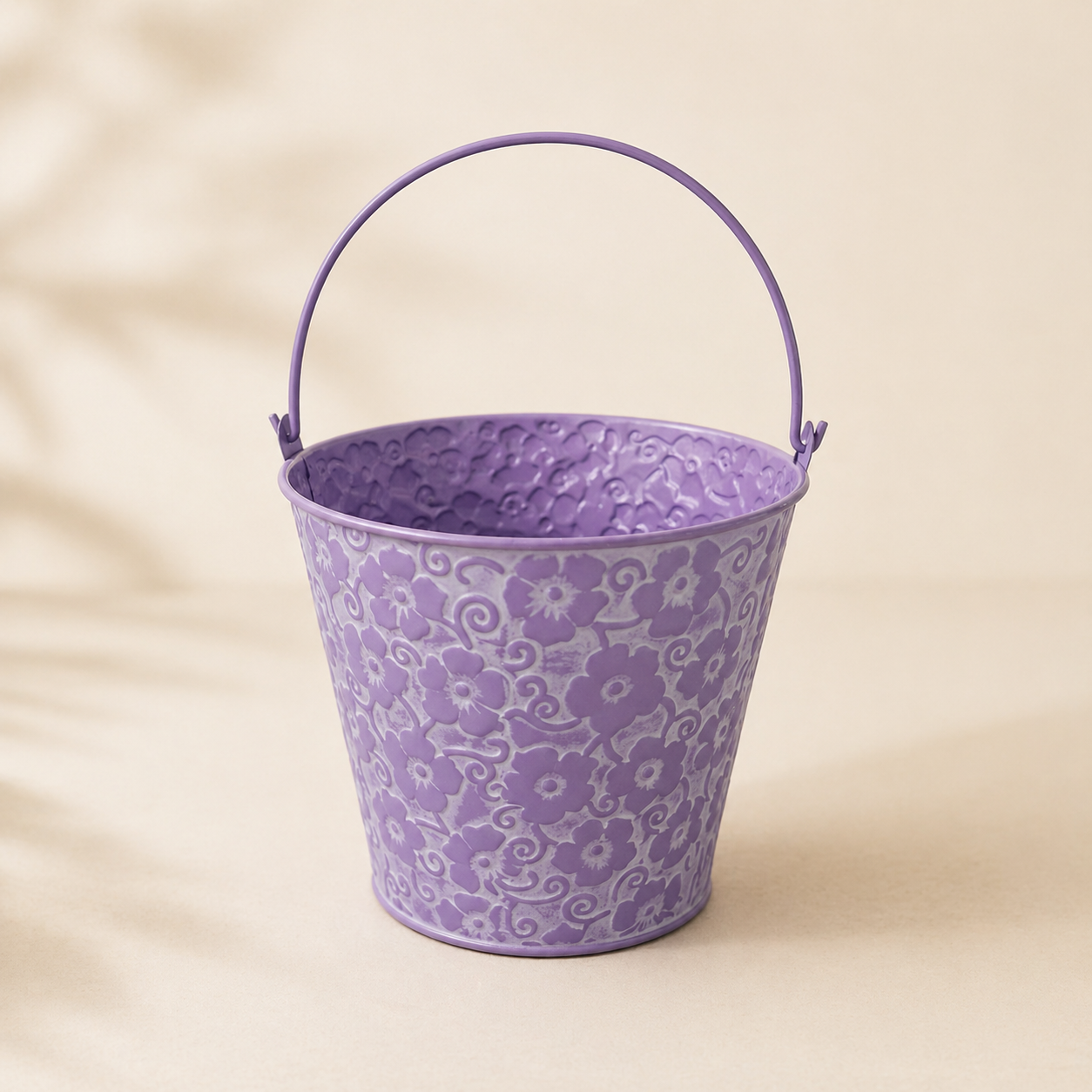 Vintage Floral Embossed Metal Bucket Planter