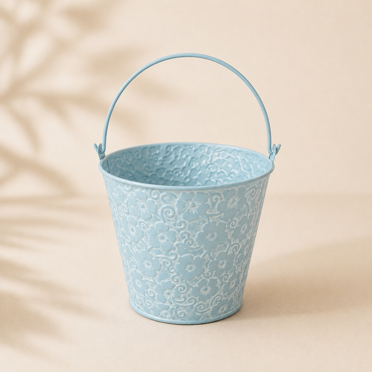 Vintage Floral Embossed Metal Bucket Planter