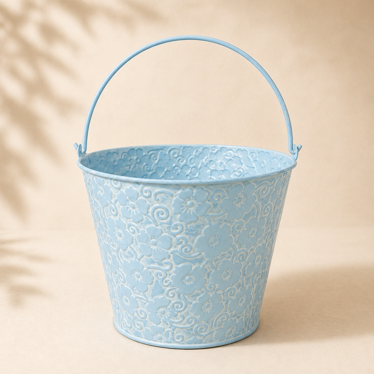 Vintage Floral Embossed Metal Bucket Planter