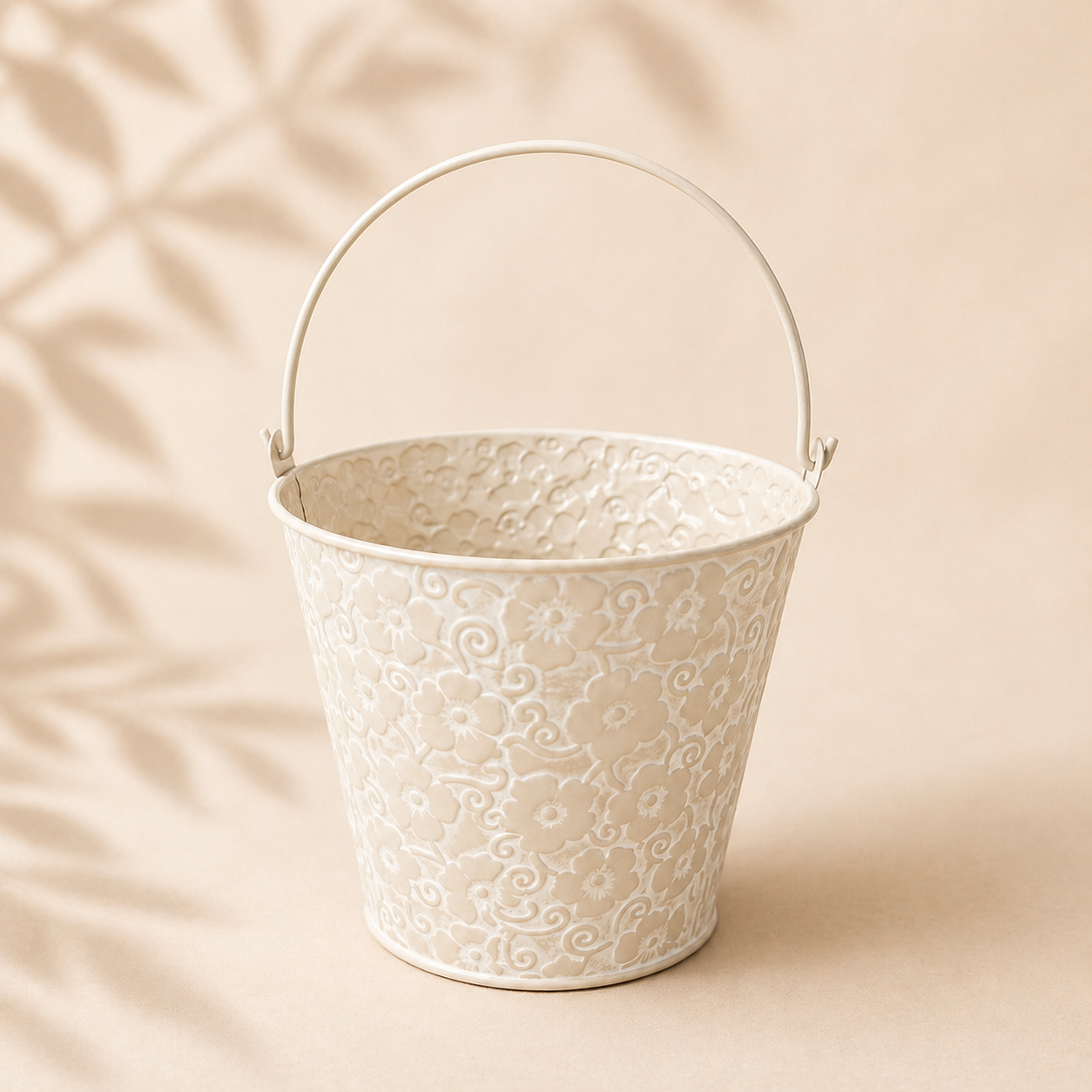 Vintage Floral Embossed Metal Bucket Planter