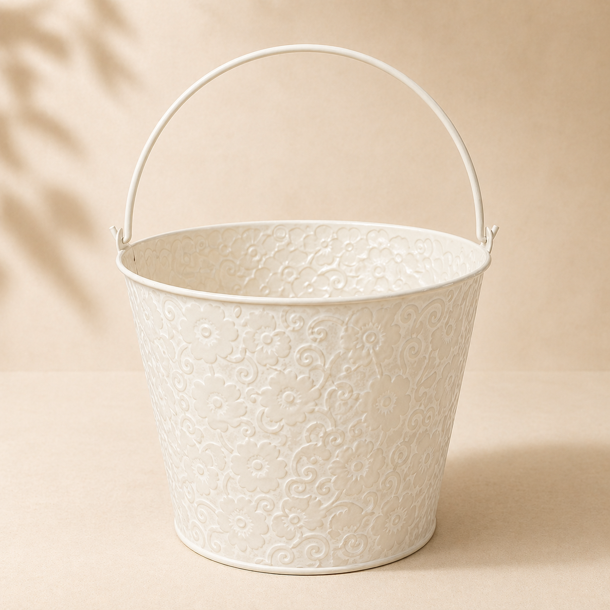 Vintage Floral Embossed Metal Bucket Planter
