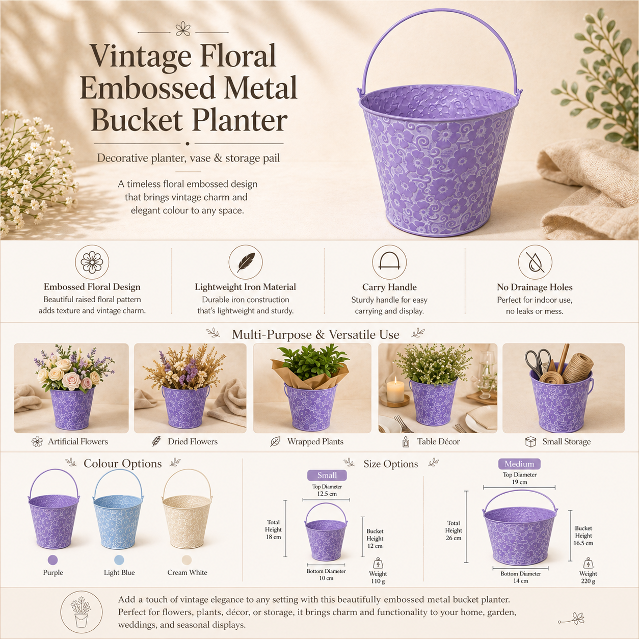 Vintage Floral Embossed Metal Bucket Planter