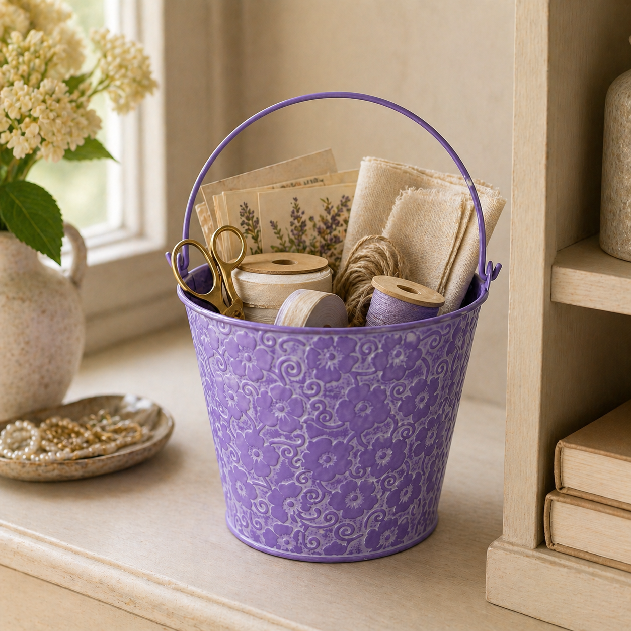 Vintage Floral Embossed Metal Bucket Planter