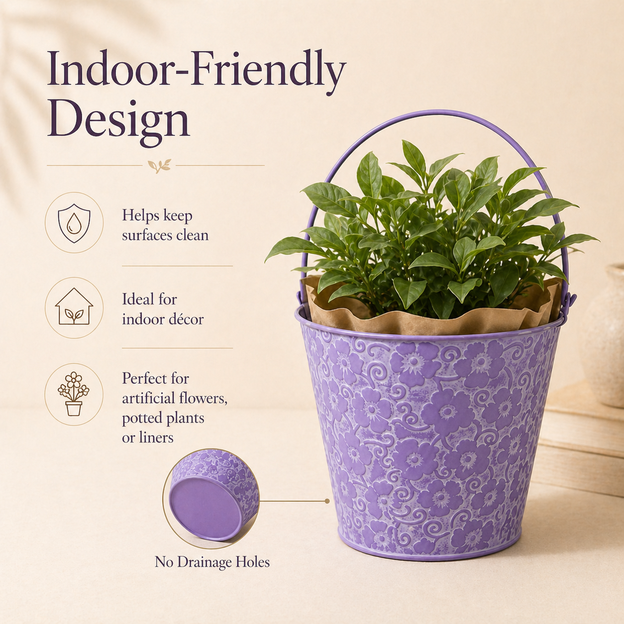 Vintage Floral Embossed Metal Bucket Planter