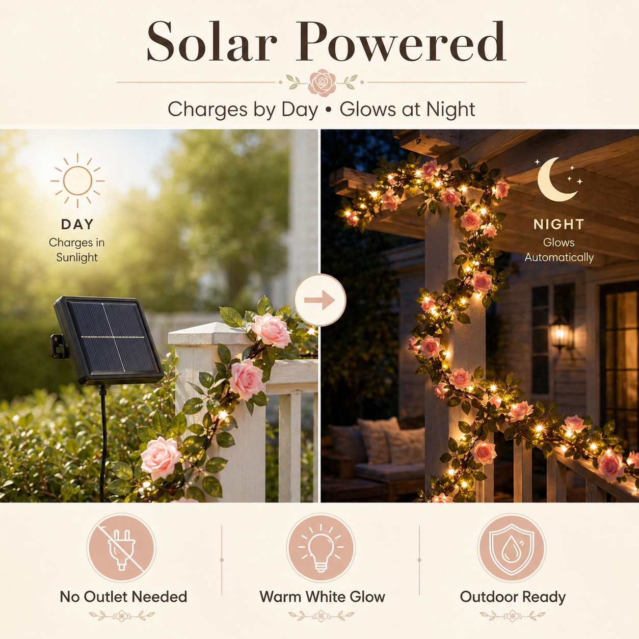 Solar LED Rose Vine Lights for Outdoor Garden Décor