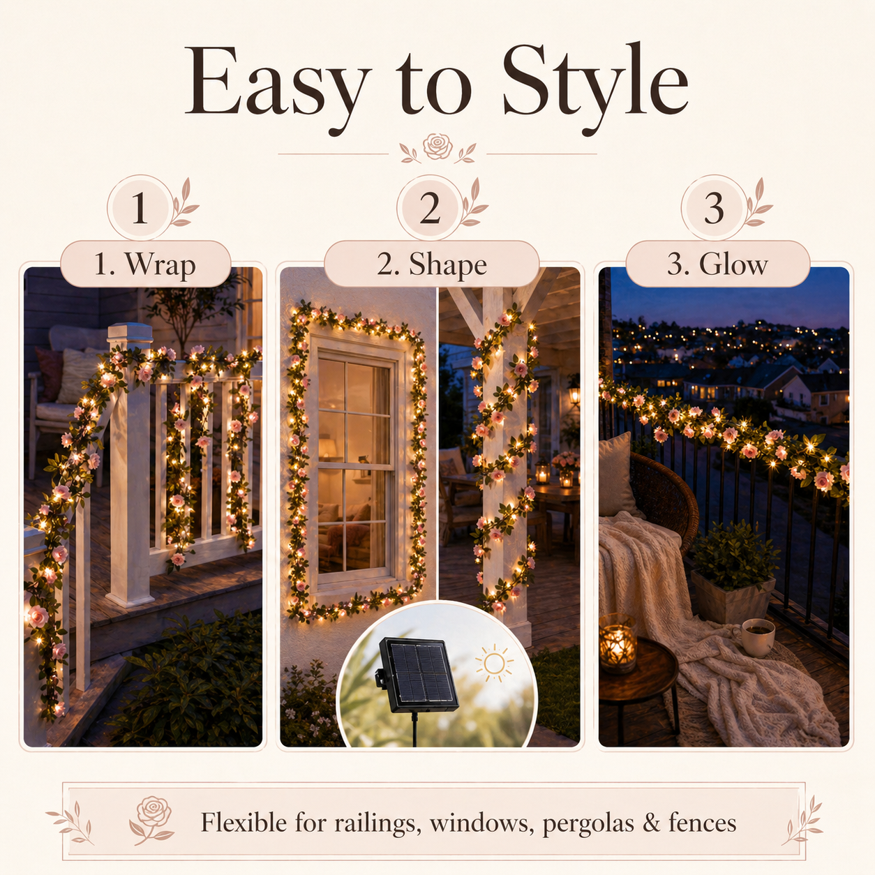 Solar LED Rose Vine Lights for Outdoor Garden Décor