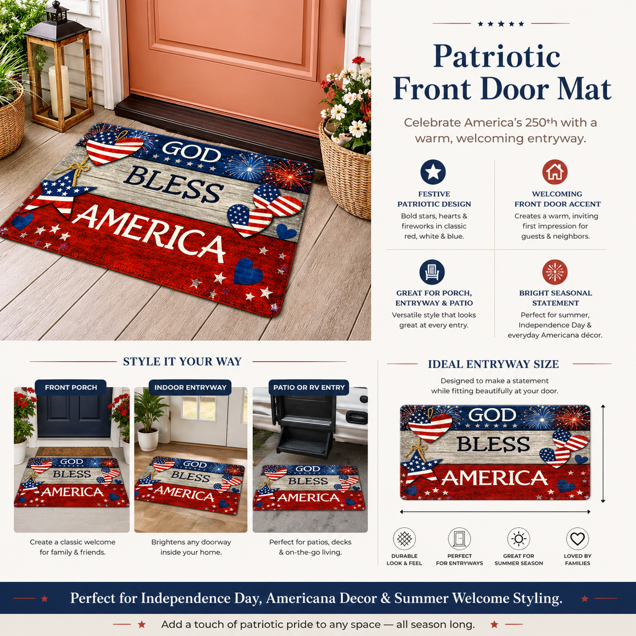 God Bless America Patriotic Diatom Mud Doormat – America 250th Front Door Décor