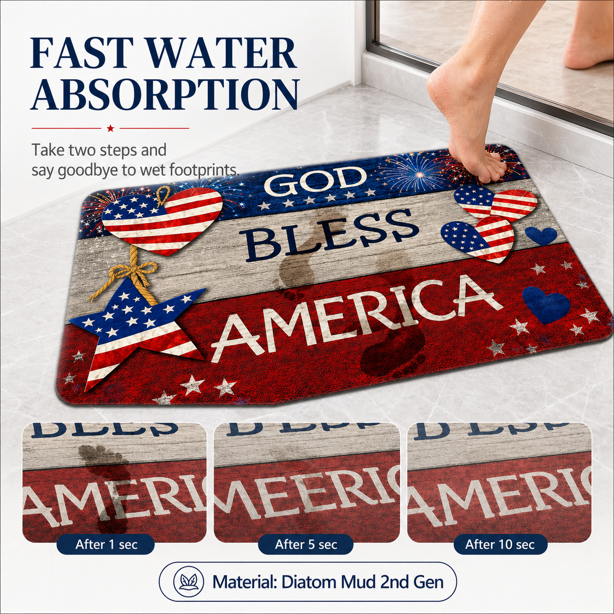 God Bless America Patriotic Diatom Mud Doormat – America 250th Front Door Décor