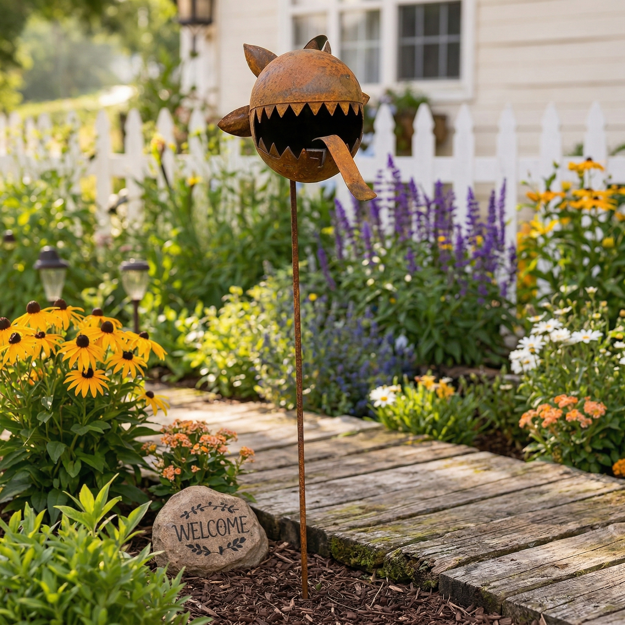 Rustic Metal Piranha Plant Garden Stake Set – Whimsical Outdoor Garden Décor