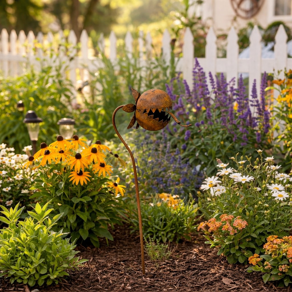 Rustic Metal Piranha Plant Garden Stake Set – Whimsical Outdoor Garden Décor