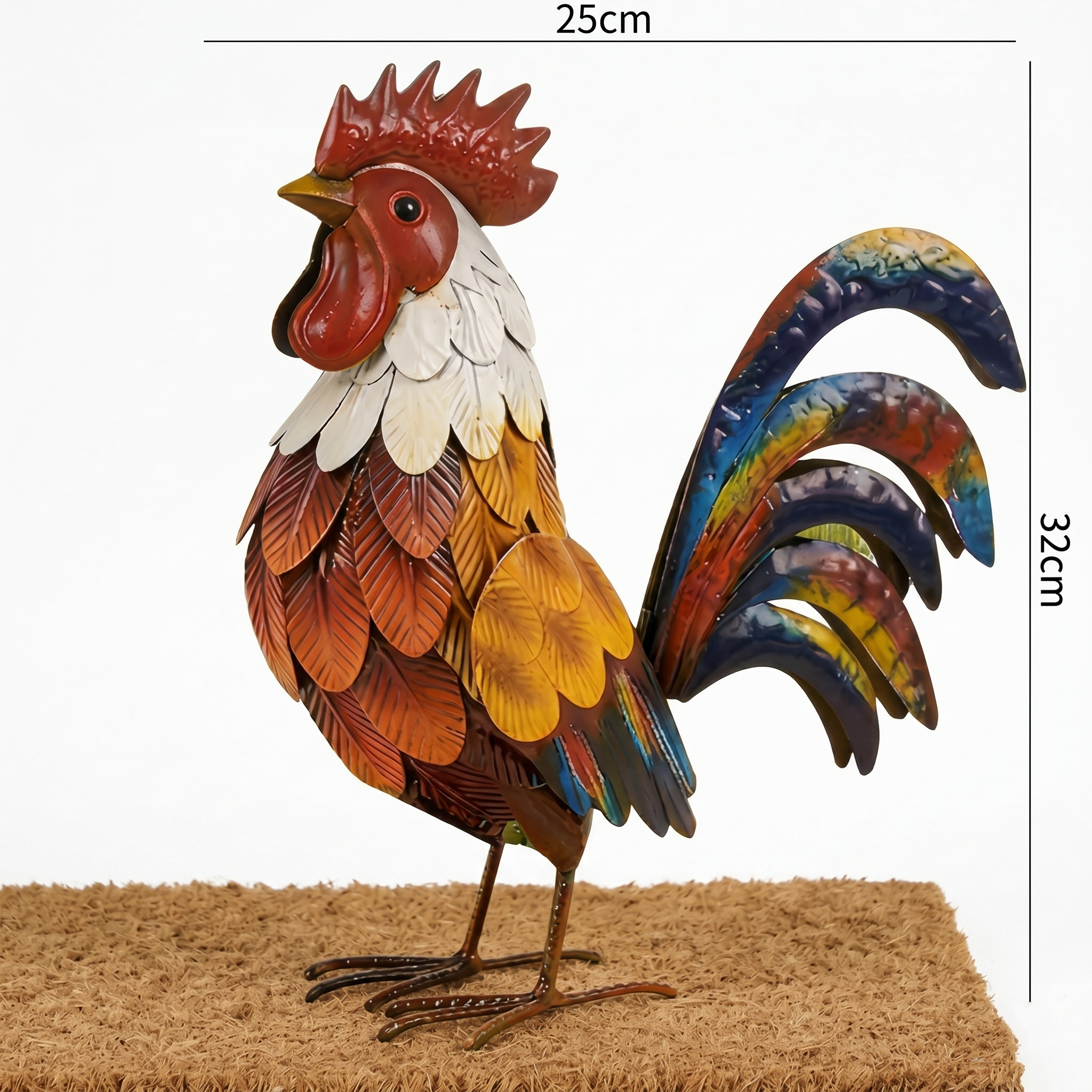 Colourful Rustic Iron Rooster | Farmhouse Garden Sculpture & Outdoor Ornament