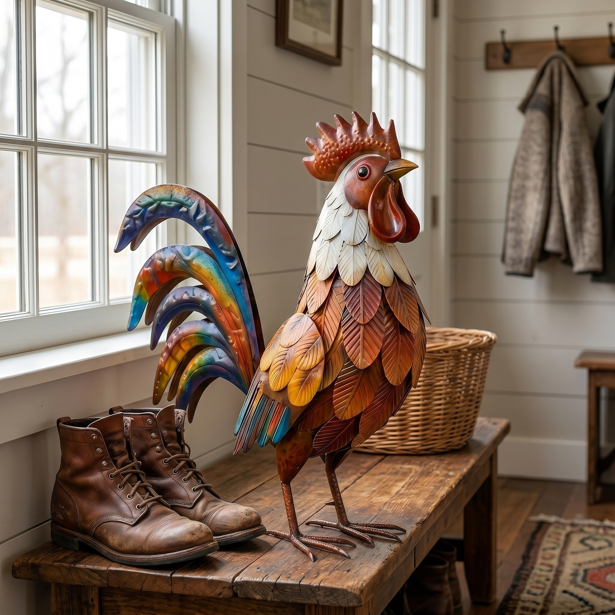 Colourful Rustic Iron Rooster | Farmhouse Garden Sculpture & Outdoor Ornament
